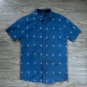 Roark Revival Mens Blue Embroidered Short Sleeve Button Down Shirt Medium